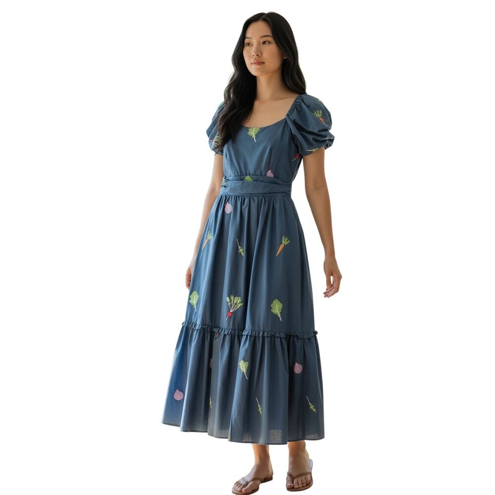 CIEBON Veggie Garden Embroidered Vegetable Maxi Puff Sleeve Cotton Dress